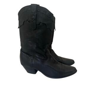 Laredo Black Leather Western Cowboy Boots, Scalloped Trim, Size 8M, USA Made